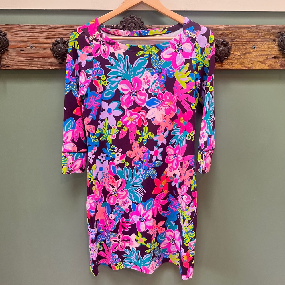 Lilly Pulitzer Hollee Dress Womens Small Purple Floral 3/4 Sleeve Gold Button S
